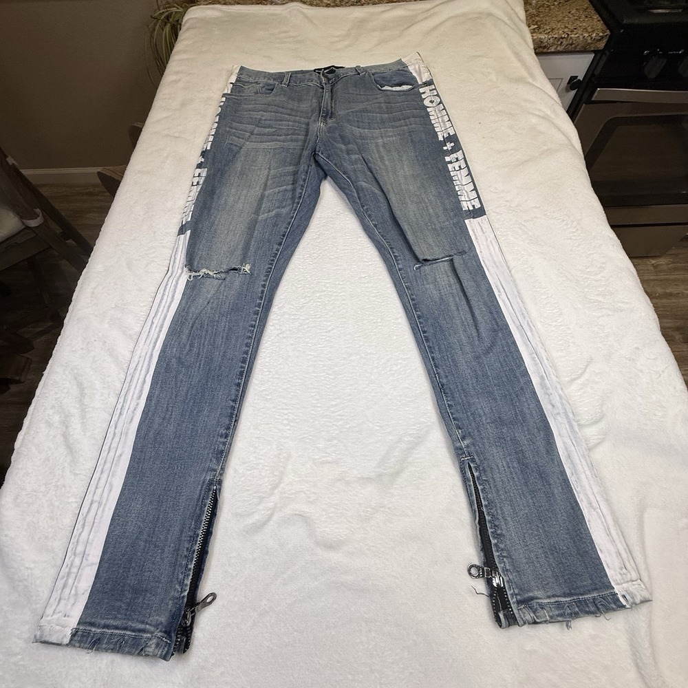 Homme + Femme Jeans Mens 36 Distressed Side Stripe Zip Ankle Skinny Denim Blue